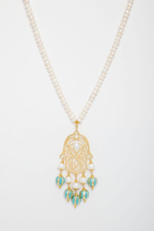 Collier acier doré pendentif main de Fatma, turquoise SO OR